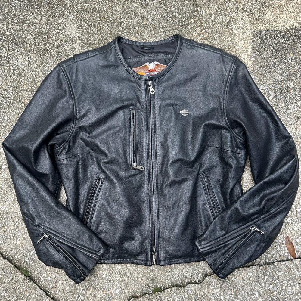 Harley-Davidson Womens Black Leather Cafe Racer Motorcycle Jacket Large L